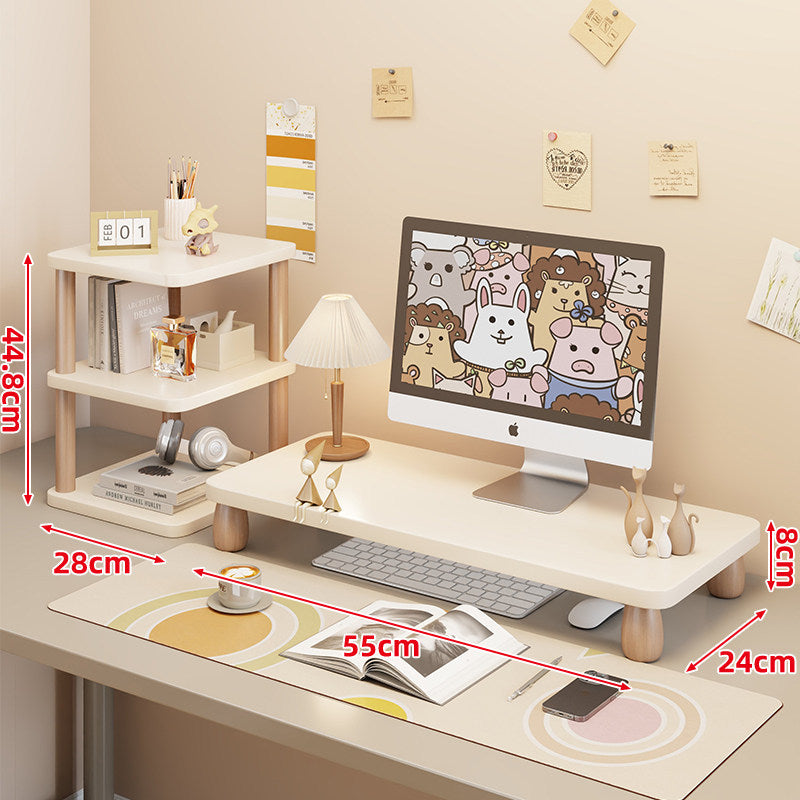 Low-Profile Ergonomic Wooden Desktop Monitor Lift with Under-Shelf Keyboard Storage