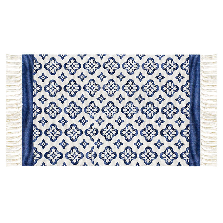Flat-woven cotton runner with Mediterranean tile jacquard and decorative fringes