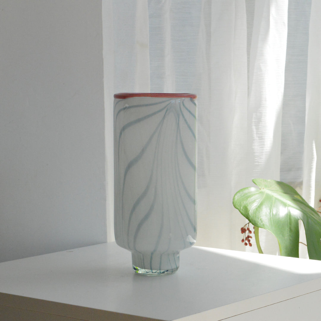 Tall Hand-Blown Pedestal Glass Centerpiece Vase with Swirl Ribbon Pattern