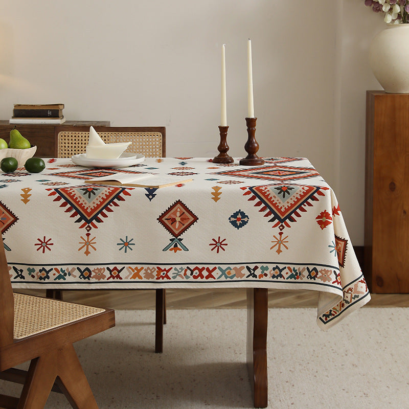 Woven cotton-linen tablecloth with paisley print and decorative border