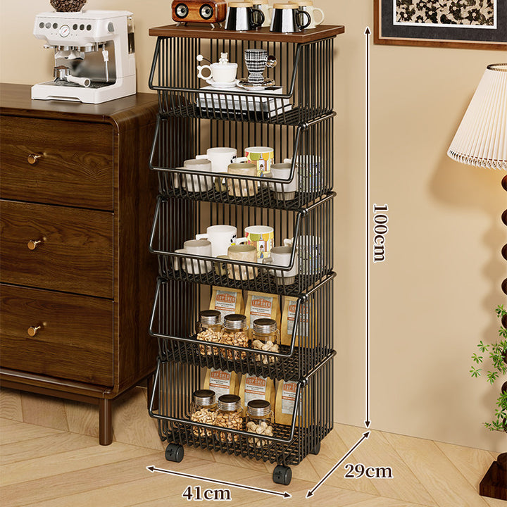 Four-Tier Industrial Wire Basket Cart with Wood Top and Swivel Locking Casters
