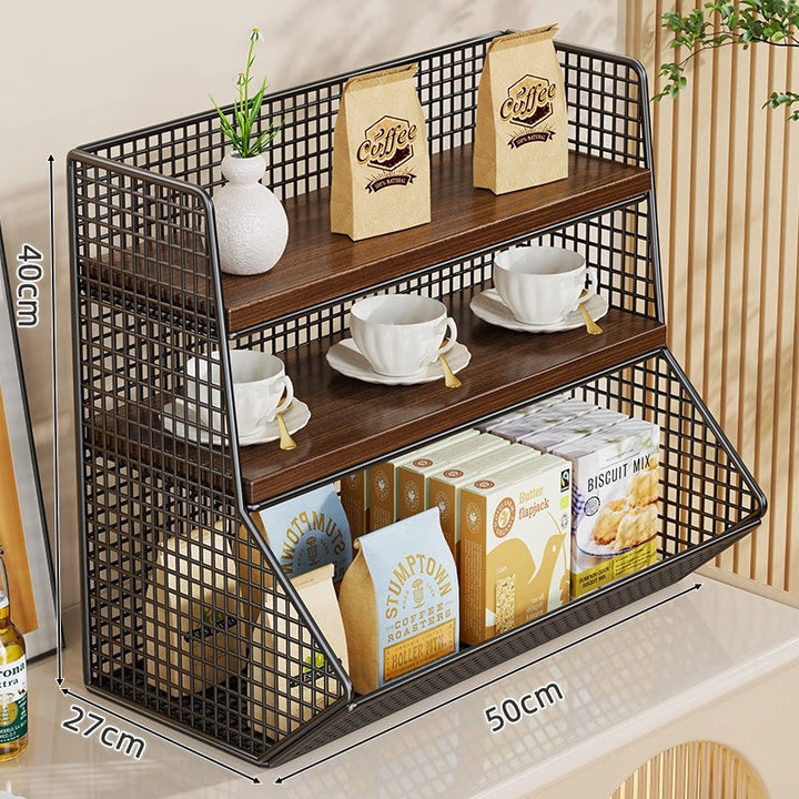 Kitchen Countertop Multi-Tier Wire Mesh Storage Organizer with Wooden Display Shelves