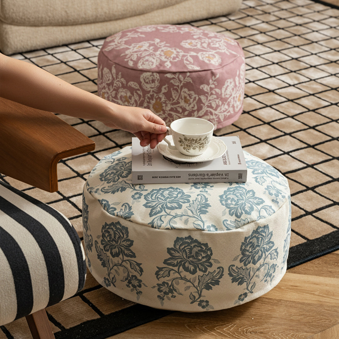 Seating pouf - meditation cushion with floral jacquard cover and carrying handle
