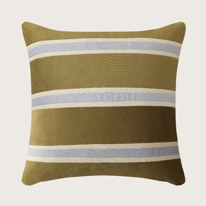 Square velvet decorative pillow with woven stripes and concealed zipper