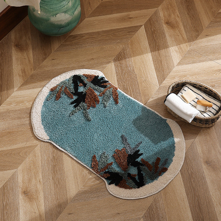 Tufted bath mat rug with botanical textured design
