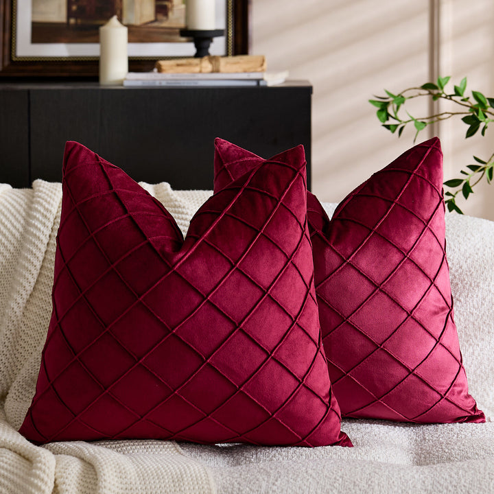 Quilted Diamond Velvet Throw Pillow Cover with Hidden Zipper and Plush Insert Support