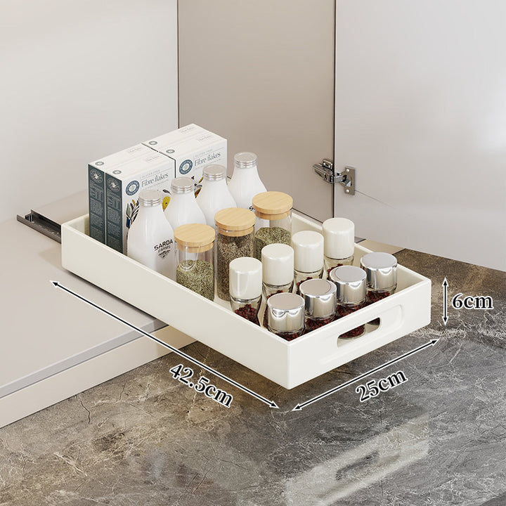 Slide-Out Cabinet Drawer Organizer Tray with Cutout Handle and Low-Profile Design