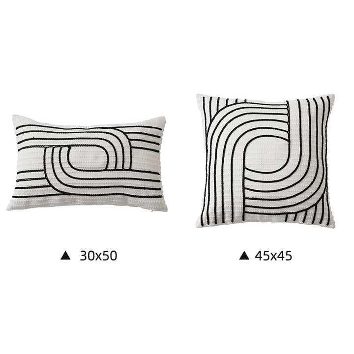 Decorative cushion cover with textured embroidery and geometric line motif
