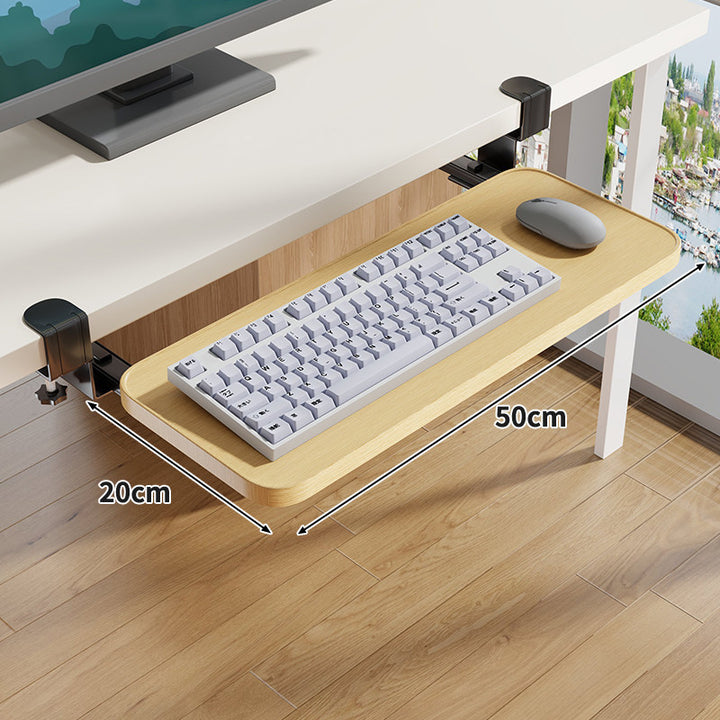 Under-Desk Slide-Out Keyboard Tray Clamp Mount with Ergonomic Wooden Platform