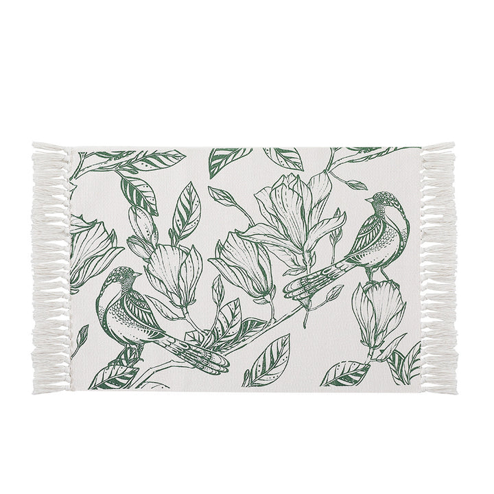 Decorative table runner made of cotton with botanical bird print and fringes