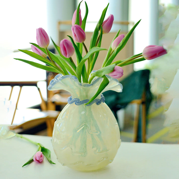 Ruffled-Rim Hand-Blown Decorative Glass Vase with Twisted Neck Accent