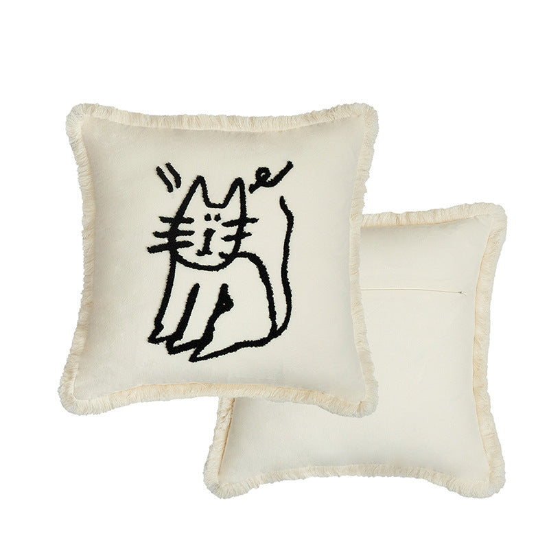Decorative pillowcase with embroidered café motif, fringed edge, and concealed zipper