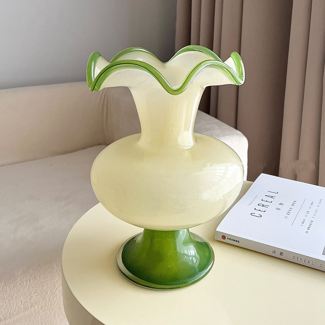 Tall Hand-Blown Fluted Glass Vase with Ruffled Rim & Rounded Pedestal Base