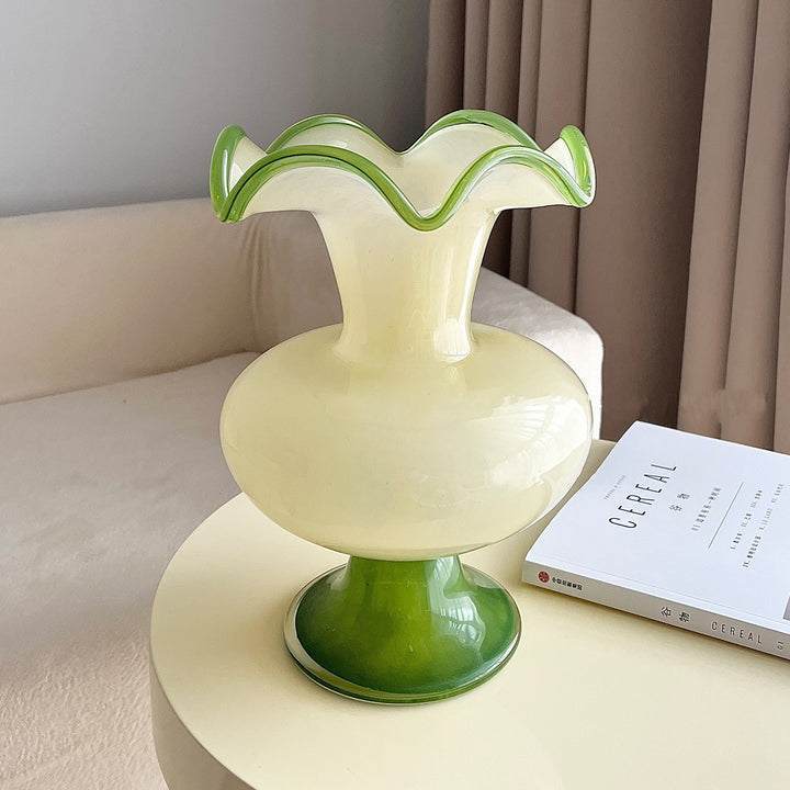 Tall Hand-Blown Fluted Glass Vase with Ruffled Rim & Rounded Pedestal Base