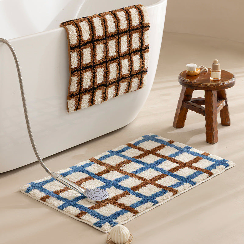 Short pile bath mat with geometric check pattern and non-slip backing