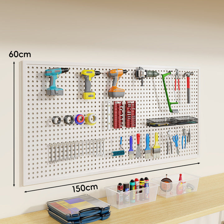 Heavy-Duty Wall-Mounted Perforated Steel Pegboard Tool Organizer with Modular Hooks and Shelf