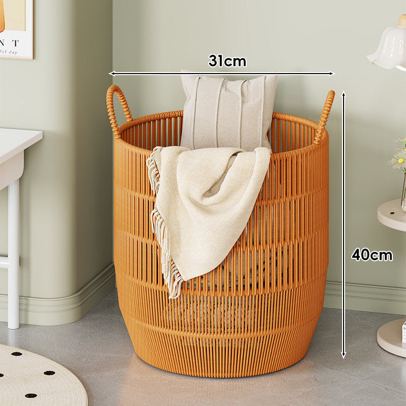 Handwoven Synthetic Rattan Round Laundry Hamper with Loop Handles