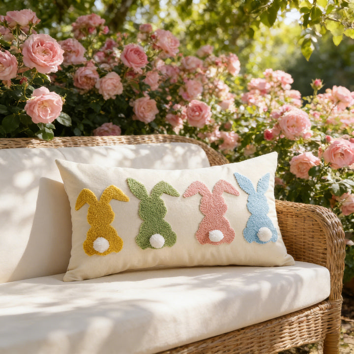 Tufted Bunny Appliqué Lumbar Throw Pillow Cover with Pom-Pom Tail