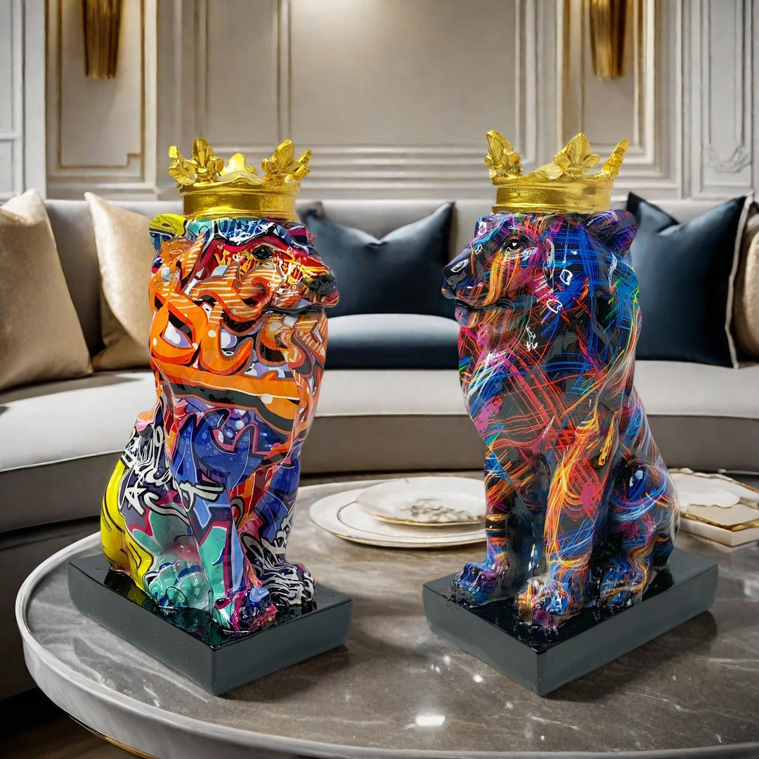 Colorful Lions Sculpture with Crown