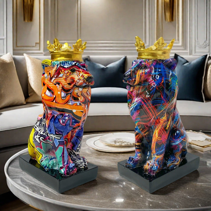 Colorful Lions Sculpture with Crown
