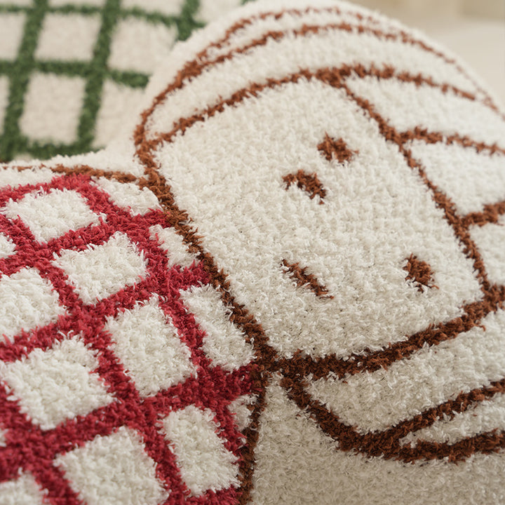 Doll-shaped decorative cushion with chenille texture and checkered embroidery