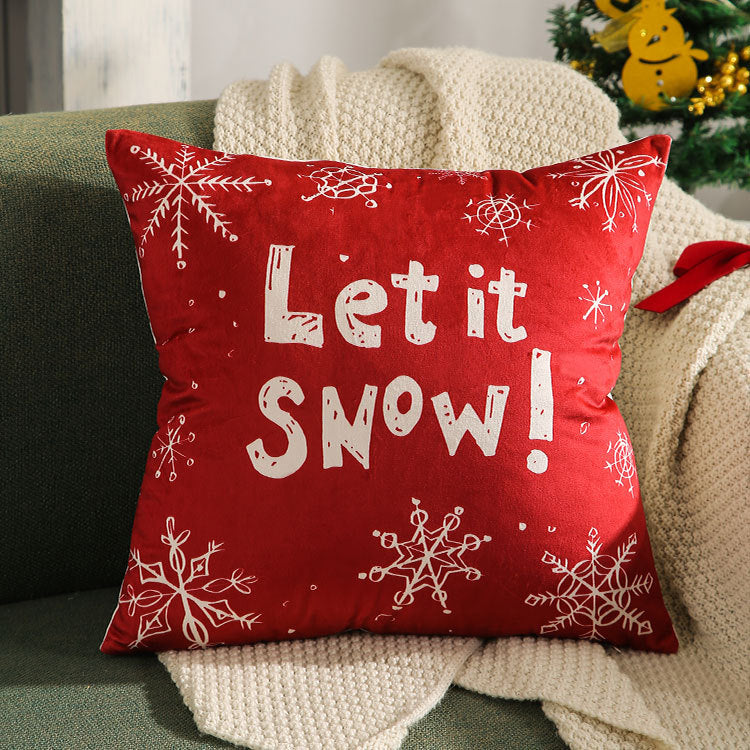 Festive Velvet Square Throw Pillow Cover with Snowman Seasonal Script