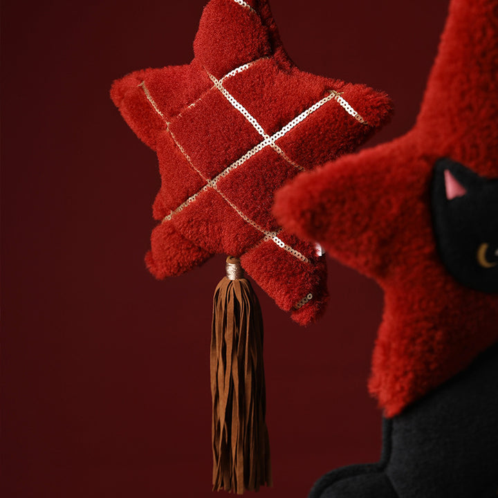 Plush pendant star shape with cat motif, cuddly teddy texture and hanging ribbon