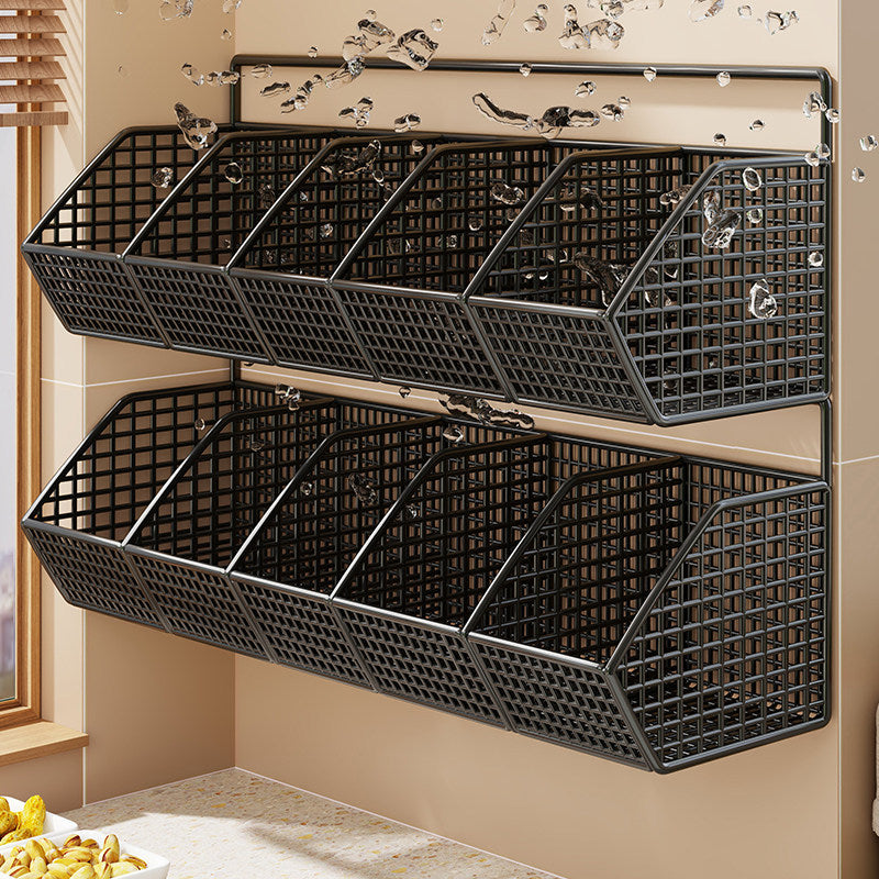 Wall-Mounted Double-Tier Grid Mesh Kitchen Storage Basket Organizer