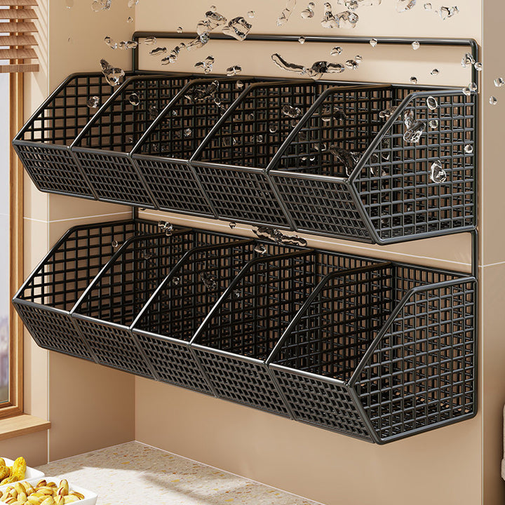 Wall-Mounted Double-Tier Grid Mesh Kitchen Storage Basket Organizer