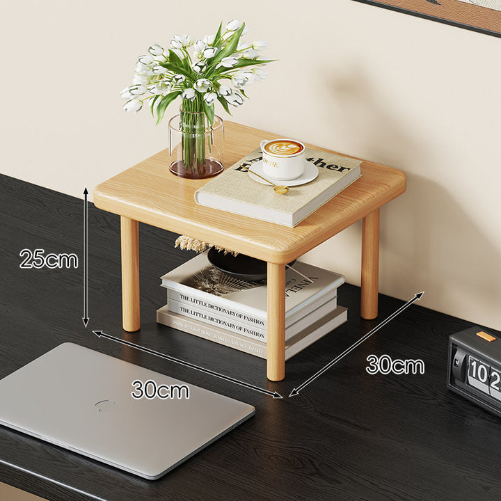 Compact Solid Wood Elevated Desk Display Stand with Under-Shelf Storage and Rounded Leg Design