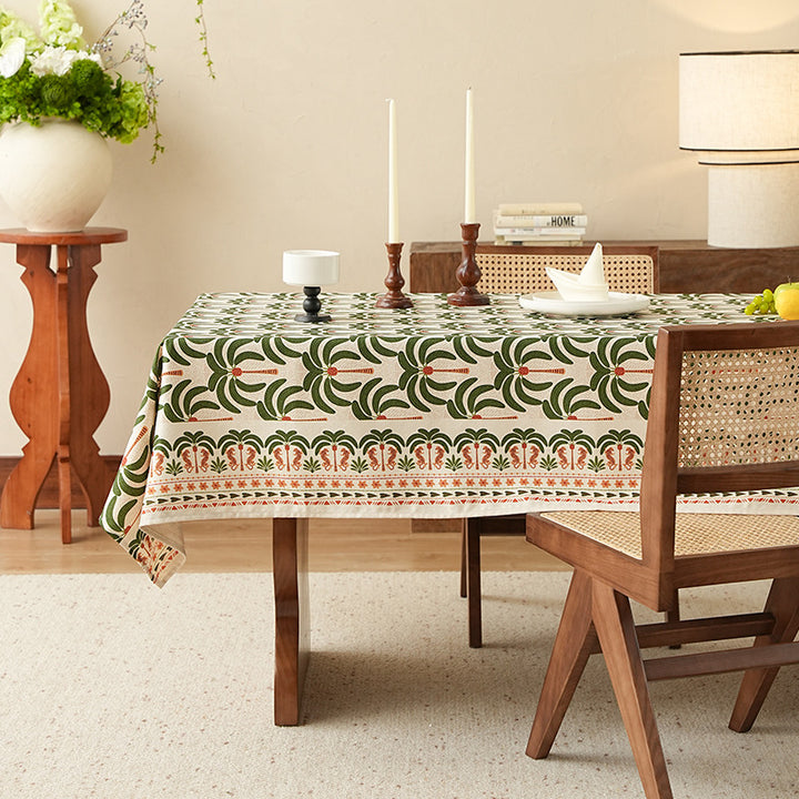 Hand-printed cotton tablecloth with botanical block print