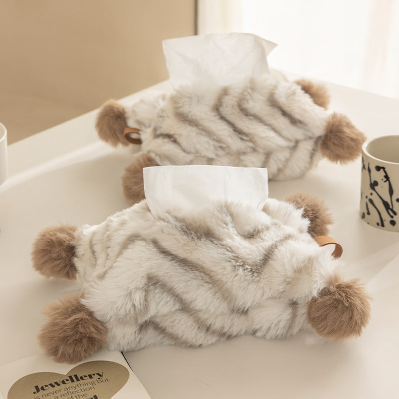 Decorative faux fur tissue box cover with pom poms and hanging handle