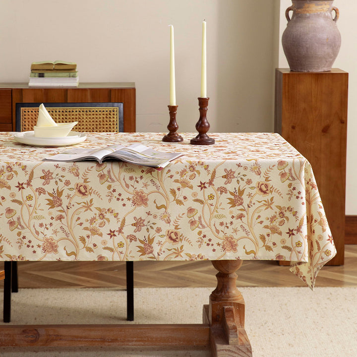 Light cotton blend tablecloth with vintage floral pattern and stain-resistant surface