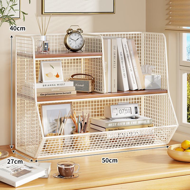 Multi-Tier Metal Mesh Desktop Organizer Shelf with Angled Front Basket