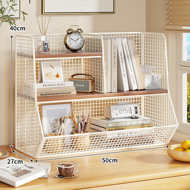 Multi-Tier Metal Mesh Desktop Organizer Shelf with Angled Front Basket