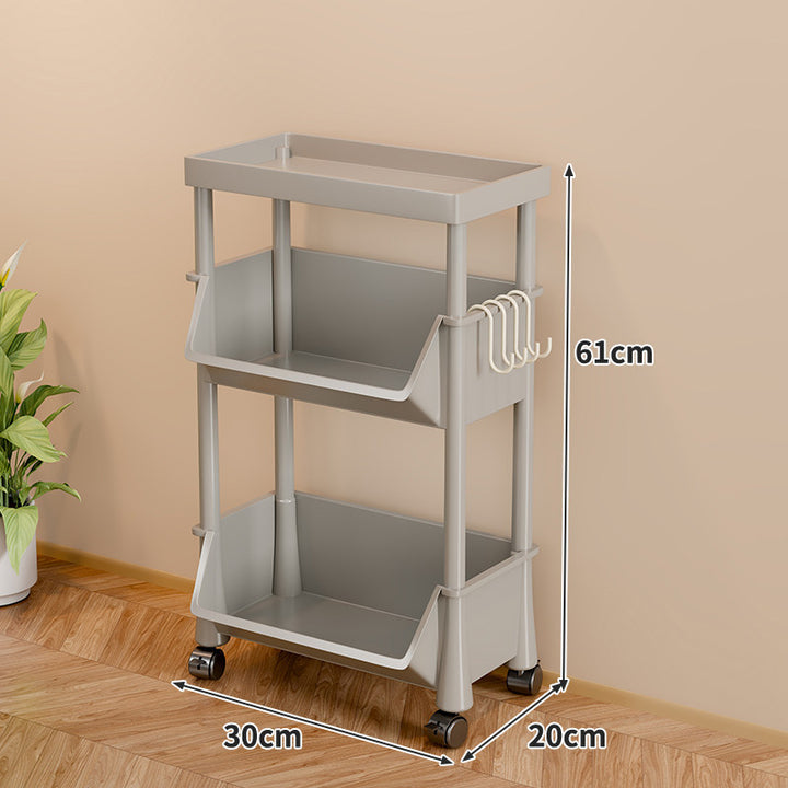 Slim Vertical Four-Bin Rolling Storage Tower with Deep Angled Bins and Side Hook