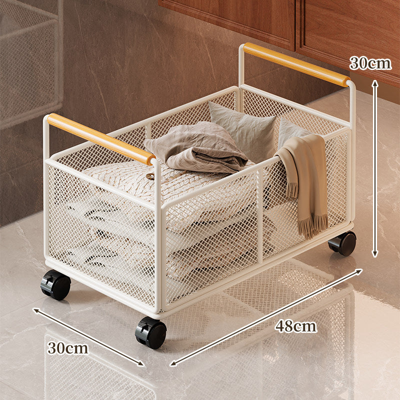 Rectangular Ventilated Metal Mesh Storage Basket with Wooden Grip Handles