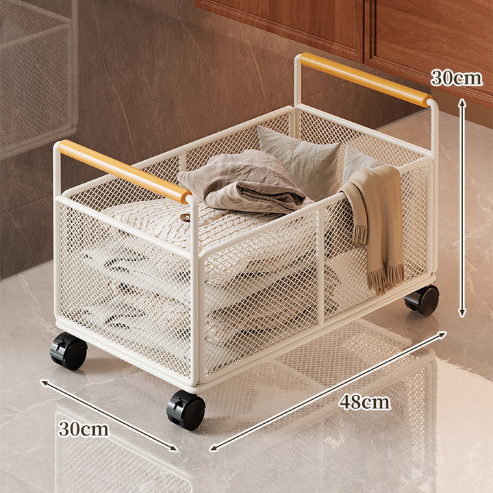 Rectangular Ventilated Metal Mesh Storage Basket with Wooden Grip Handles