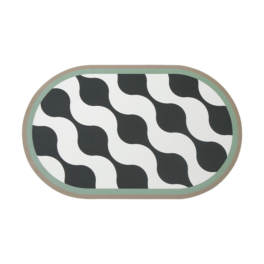 Oval non-slip vinyl mat with fine mosaic print and water-repellent surface