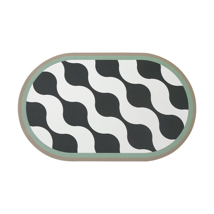 Oval non-slip vinyl mat with fine mosaic print and water-repellent surface
