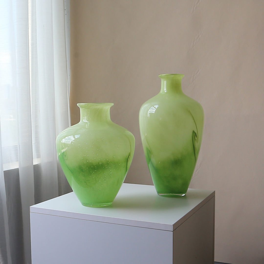 Hand-Blown Bulbous Decorative Glass Vase with Narrow Neck