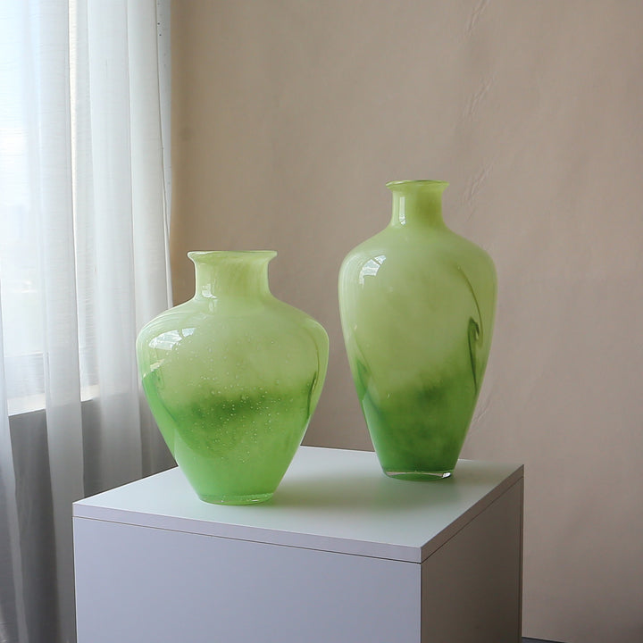 Hand-Blown Bulbous Decorative Glass Vase with Narrow Neck