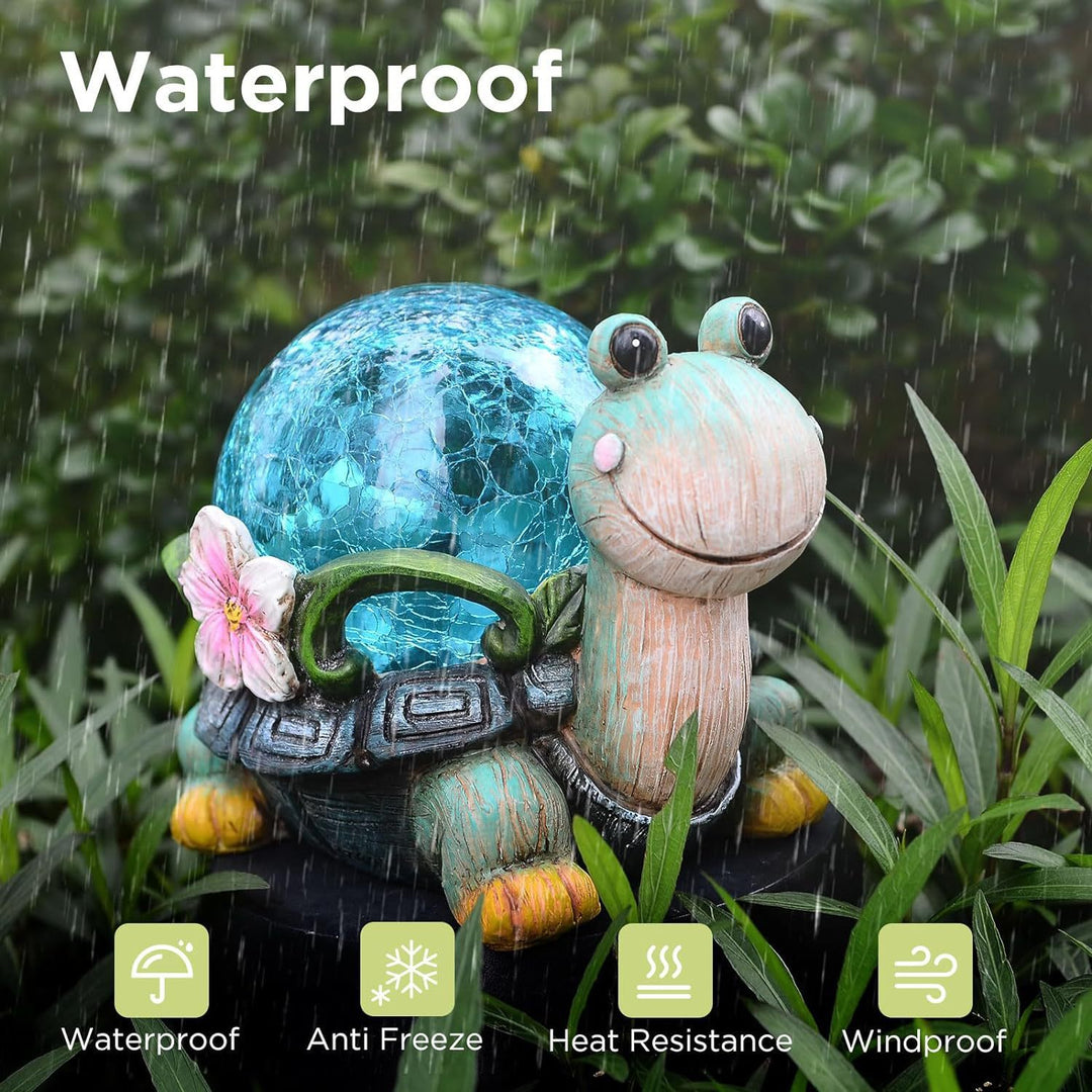 Solar-powered garden gnome sculpture with integrated LED fairy lights and turtle pot