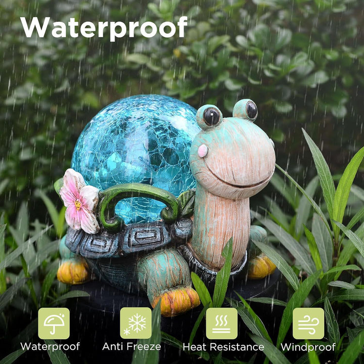 Solar-powered garden gnome sculpture with integrated LED fairy lights and turtle pot