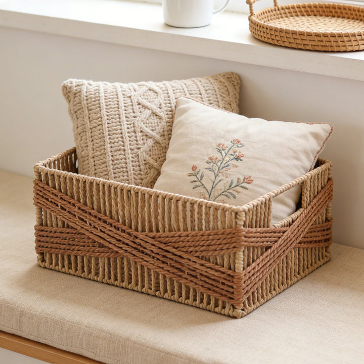 Handcrafted storage basket with decorative weave