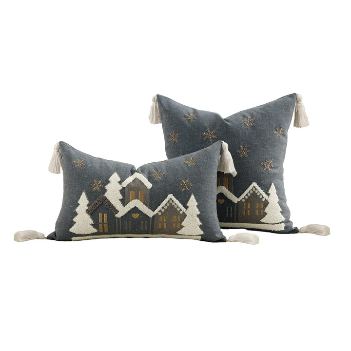 Festive Embroidered Snowy Village Tassel Throw Pillow Set