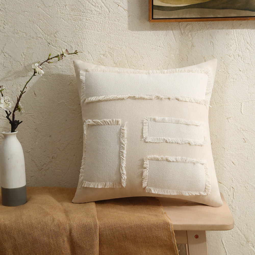 Fringed Patchwork Linen-Blend Square Decorative Throw Pillow Cover