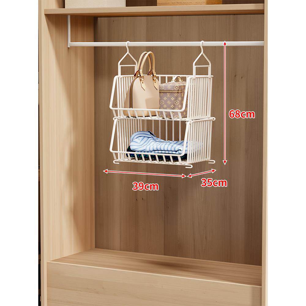 Over-Rod Double Tier Hanging Closet Wire Basket Organizer with Removable Baskets