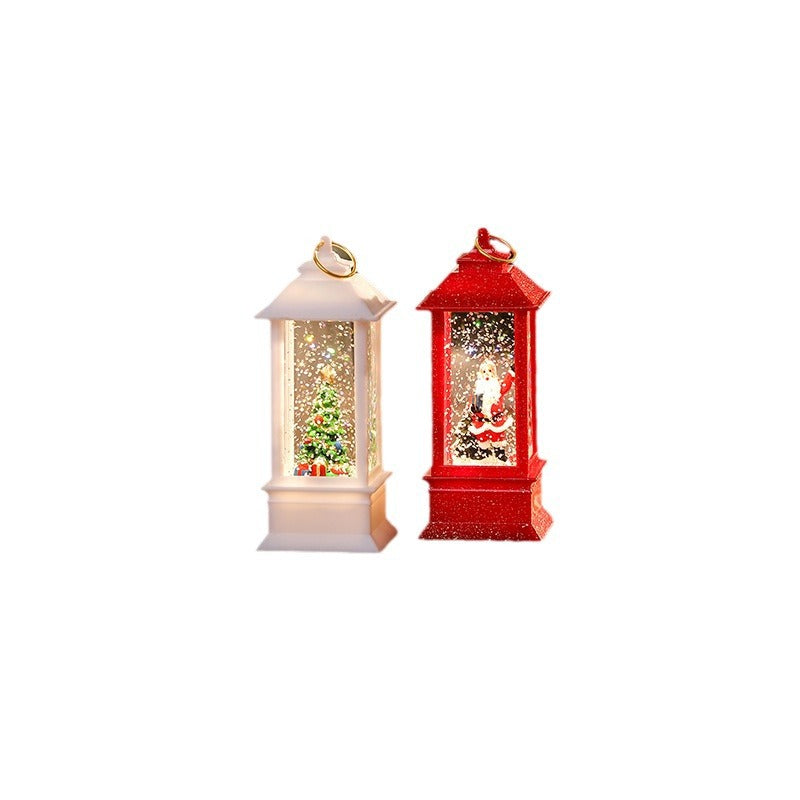 Illuminated Christmas lantern with glittering snowman scene