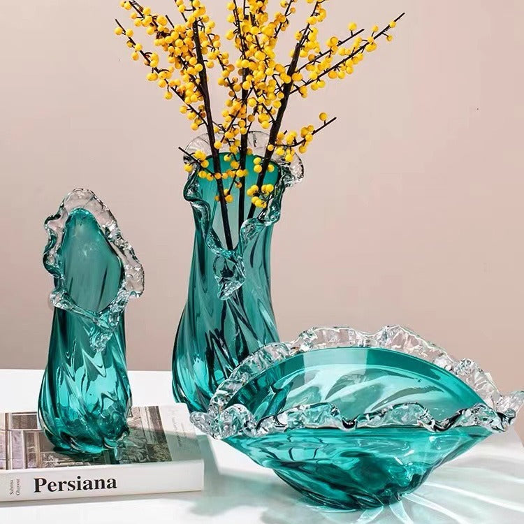 Hand-Blown Ruffled-Rim Swirled Glass Bulbous Tall Centerpiece Vase